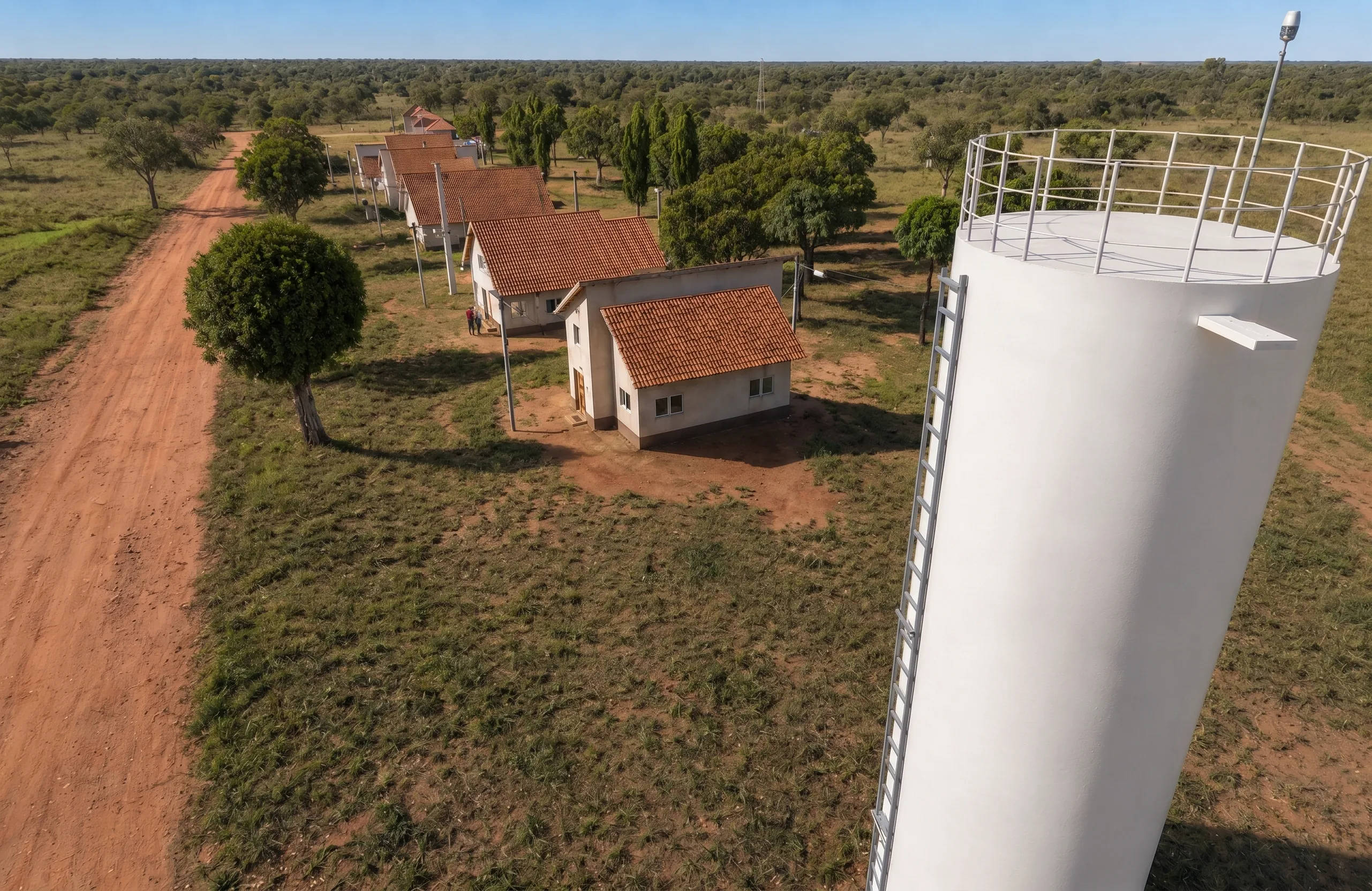 Vista aérea do retiro rural mostrando o conjunto de edificações e reservatório.